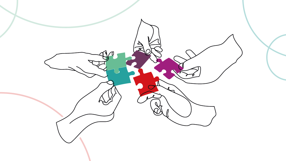 Vier gezeichnete Hände die bunte Puzzleteile zusammen stecken.