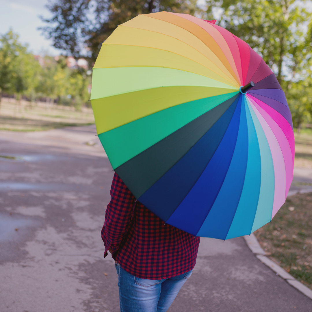 Eine Person hält einen regenbogenfarbigen Regenschirm. Die Person ist von hinten abgebildet, ihr Oberkörper ist fast komplett vom Schirm verdeckt. Sie trägt Jeans und ein kariertes Hemd.